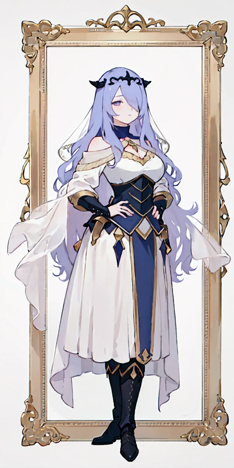 ((Masterpiece, white background)) full body of a woman in a dress with a veil, feet together, standing feet together, military boots, beautiful fantasy maiden slave warrior, beautiful fantasy art portrait, fantasy victorian art, medieval fantasy art, beautiful and elegant queen, portrait of queen of light, fantasy portrait art, gothic fantasy art, a beautiful fantasy empress, hands on hips (Camilla)