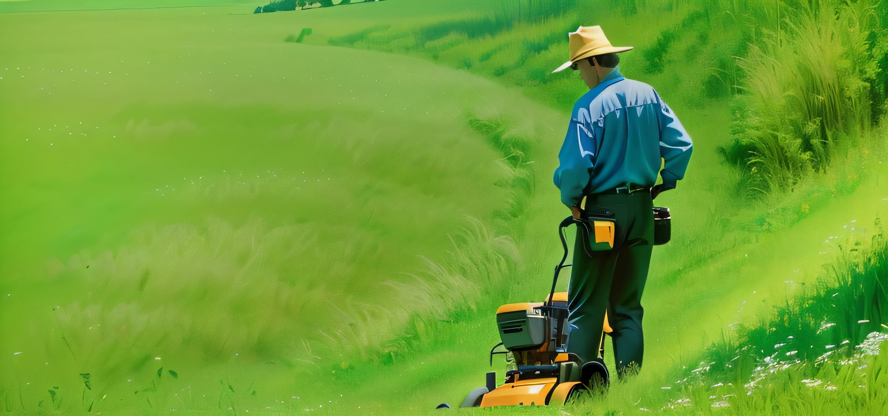 there is a man that is standing in the grass with a grassland mower, lush grassland, grasslands, with a Lush grass grassland, lush green, vibrant scene, mow grass, Michael Beyer, ron cobb, , accurately depicted, Lush landscape, grassland, photo shoot, Taking Pictures, Lush grass, photograph 3 5 mm, Header