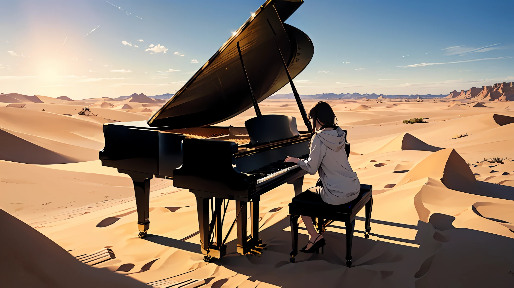  ((One woman pianist playing piano intensely))((long shot))((full shot)), divine view, high quality, standing piano playing, one woman pianist in the distance in the middle of the desert,(((one grand piano on distant sand hill))), woman in white hoodie, cool woman, fantastic, , long black hair,
