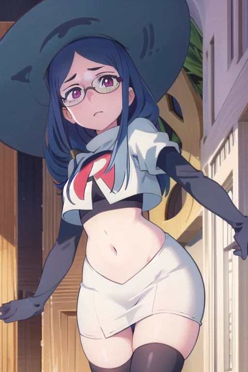 (((pixel-perfect, detail-perfect))), solo, 1girl, ursula callistis, witch, looking at viewer, glasses, team rocket,team rocket uniform,white skirt,red letter R,crop top,black thigh-highs,black elbow gloves, witch hat