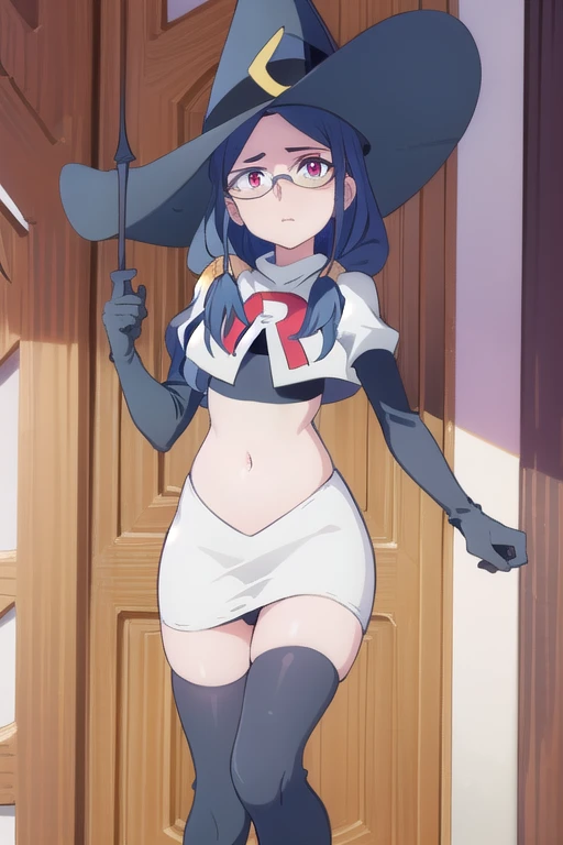(((pixel-perfect, detail-perfect))), solo, 1girl, ursula callistis, witch, looking at viewer, glasses, team rocket,team rocket uniform,white skirt,red letter R,crop top,black thigh-highs,black elbow gloves, witch hat