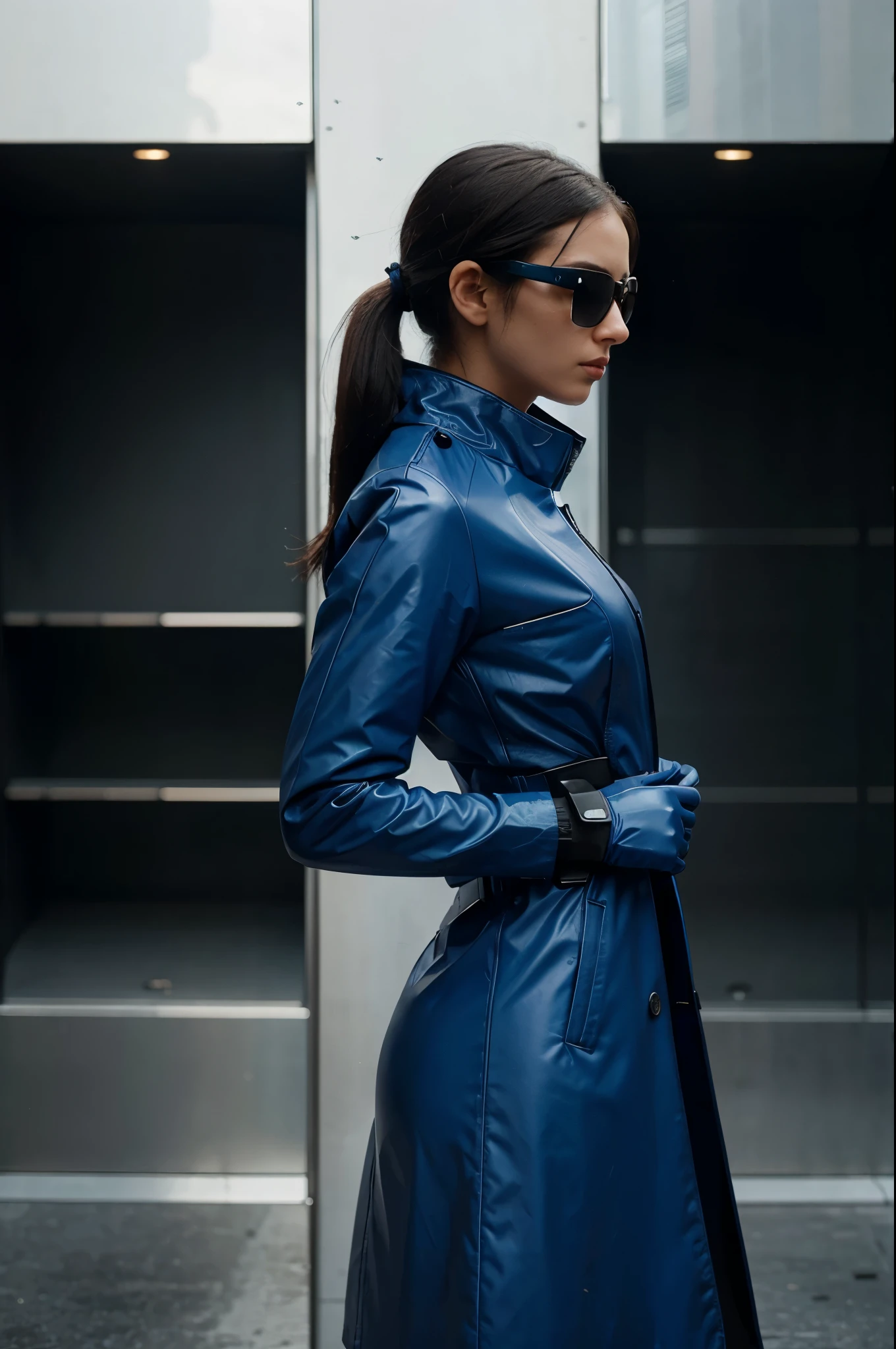 a woman in a blue coat and sunglasses standing in front of a tall building, wearing long blue gloves, long gloves profile image, profile pic, editorial photography, very very low quality picture, professional iphone photo, avatar image, photograph of a techwear woman, wearing futuristic, profile photo, ✨🕌🌙, unsplash, instagram post, low quality photo, profile picture, futuristic ar glasses