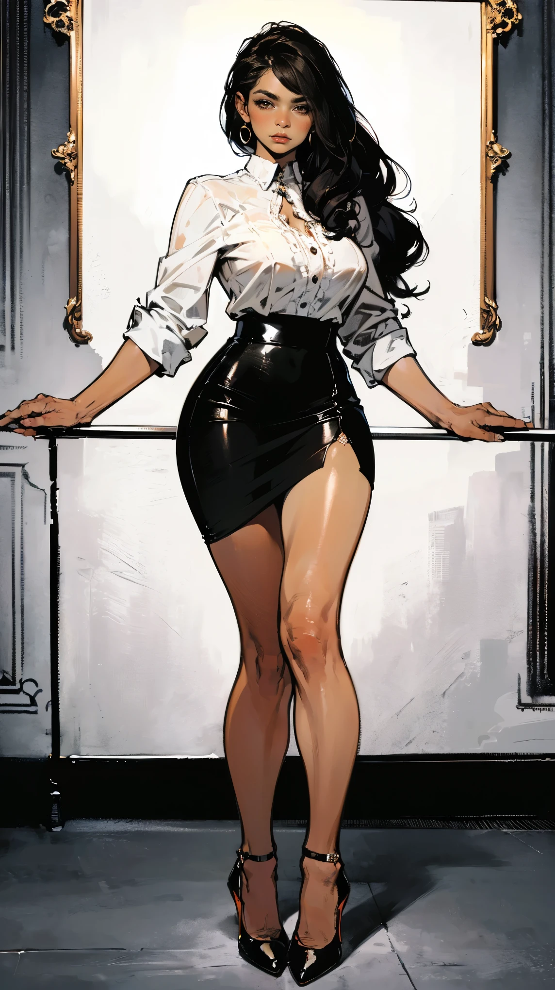 ((masterpiece, award-winning quality,8k,highres)),((character concept art)), 1 female, mid-age female, Korean milf, ((mahogany shoulder length hair)), mahogany hair, (snow white skin colour), ultra finely detailed eyes (black eyes colour), expressive eyes, manipulative, sexy, sophisticated, perfect body build ((busty, slim)), curvaceous, ((intricate detail)), super finely detailed hands, ultra finely detailed fingers(((ten fingers))), wearing blazer jacket with white shirt and short pencil skirt, laced stocking, point high heels, (standing professionally), (full body showcase), (show full body), (no logos on background), (no logo), ((plain background)), ((plain background)), (((empty background)))