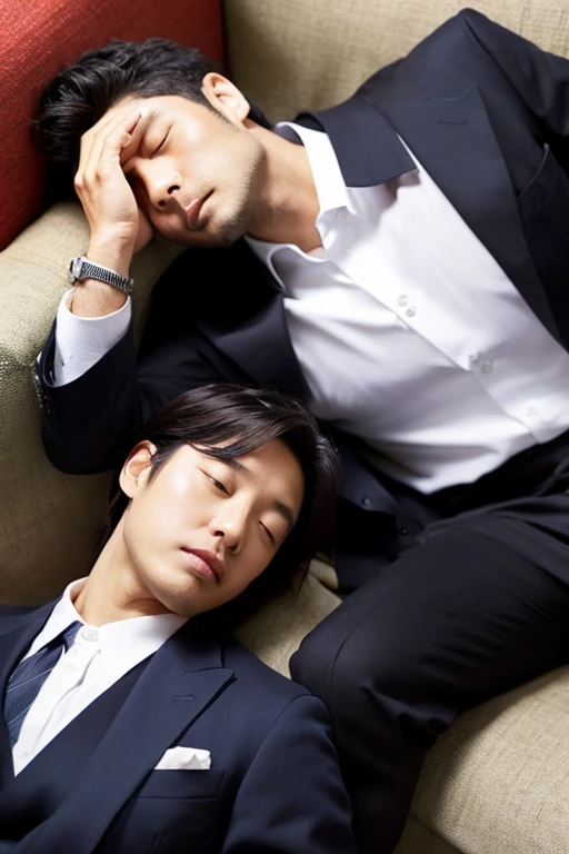 40-year-old male、Falling asleep on the sofa、suit、Lying on your back、1 person