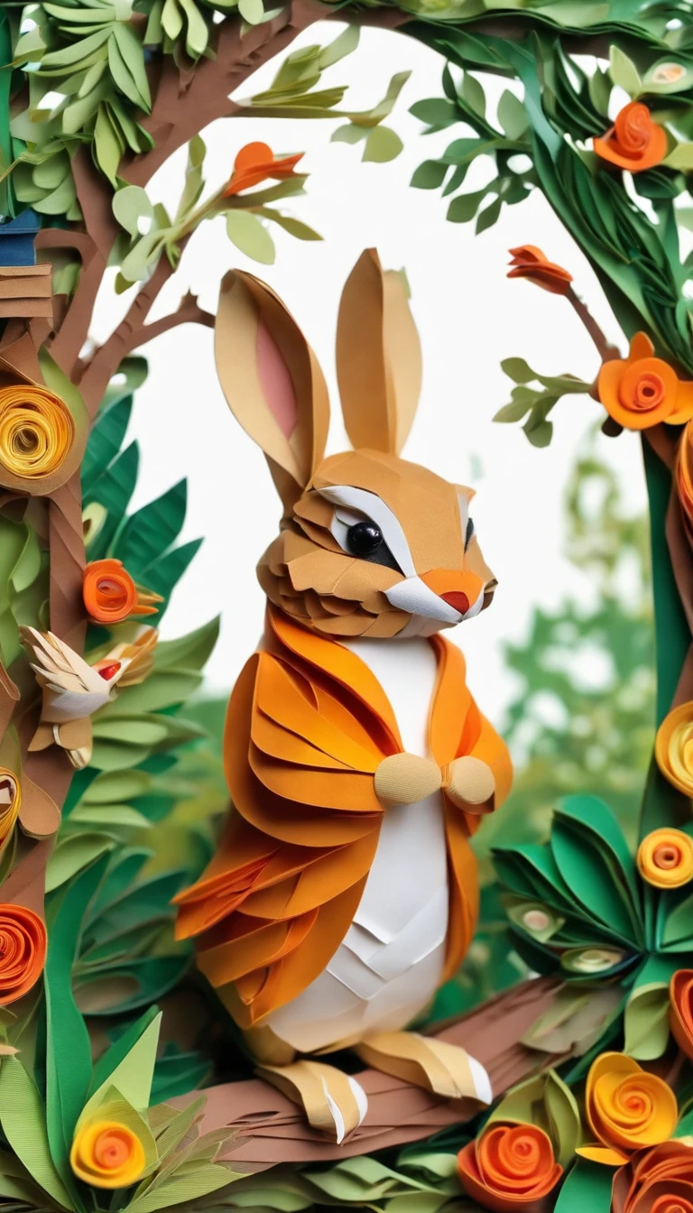 Paper quilling Peter Rabbit in the forest,Multidimensional origami stitch style illustration,Paper seam style snake, a small paper quilling bird is flying,