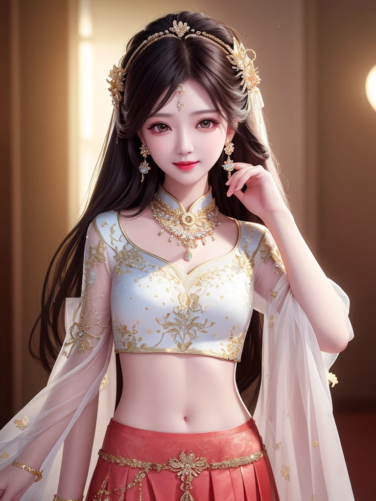 best quality, masterpiece, high resolution, 1 Girl, transparent silk china skirt, Pretty Face, Hair accessories, Looking at the audience, Smile, Shut up,Lips, skirt,Hair accessories, necklace, jewelry, Long hair, earrings, Pretty Face,Above_Body, Tyndall effect,Reality, Dark Studio, Edge lighting, Two-tone lighting,(Highly detailed skin:1.2), 8K Ultra HD, DSLR camera, soft light, high quality, Volumetric Lighting, frank, photo, high resolution, 4K, 8k, Bokeh