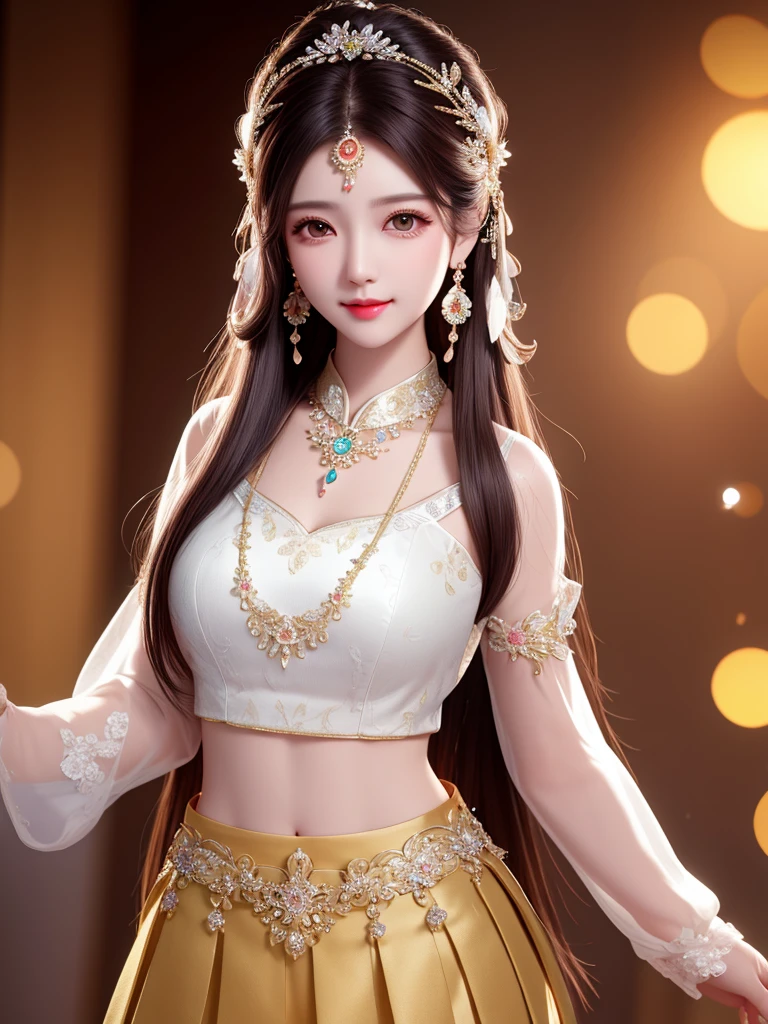 best quality, masterpiece, high resolution, 1 Girl, transparent silk china skirt, Pretty Face, Hair accessories, Looking at the audience, Smile, Shut up,Lips, skirt,Hair accessories, necklace, jewelry, Long hair, earrings, Pretty Face,Above_Body, Tyndall effect,Reality, Dark Studio, Edge lighting, Two-tone lighting,(Highly detailed skin:1.2), 8K Ultra HD, DSLR camera, soft light, high quality, Volumetric Lighting, frank, photo, high resolution, 4K, 8k, Bokeh