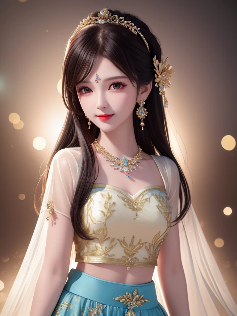 best quality, masterpiece, high resolution, 1 Girl, transparent silk china skirt, Pretty Face, Hair accessories, Looking at the audience, Smile, Shut up,Lips, skirt,Hair accessories, necklace, jewelry, Long hair, earrings, Pretty Face,Above_Body, Tyndall effect,Reality, Dark Studio, Edge lighting, Two-tone lighting,(Highly detailed skin:1.2), 8K Ultra HD, DSLR camera, soft light, high quality, Volumetric Lighting, frank, photo, high resolution, 4K, 8k, Bokeh