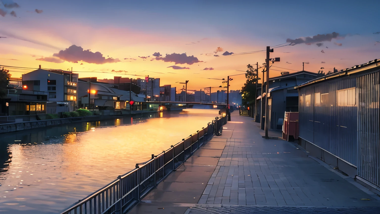 sunset、Streetscape、river、shinkai makoto