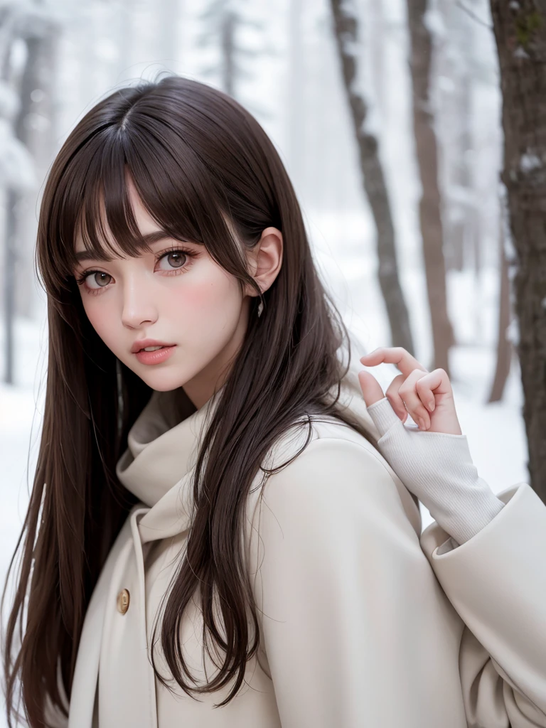1 woman, Face, Light brown hair, Bangs, hair behind ear, Shoulder-length hair, Long hair, Slender body type, Ultra-detailed face shape, Thin face, Delicate lips, beautiful eyes, Thin blush, Eyes are light brown,Check it out here, Ultra-thin pointer, Ultra-thin fingers, The best ratio of four fingers and one thumb, (Realist:1.3), White long coat, scarf , Gloves、Snowy coniferous forest, It's snowing .One person's point of view, 8k, On the table, nffsw, Super Detail, high quality, best quality, high resolution,