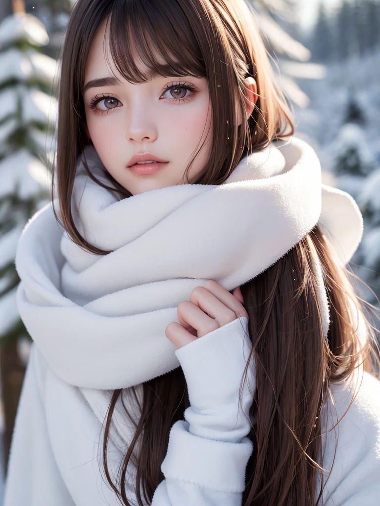 1 woman, Face, Light brown hair, Bangs, hair behind ear, Shoulder-length hair, Long hair, Slender body type, Ultra-detailed face shape, Thin face, Delicate lips, beautiful eyes, Thin blush, Eyes are light brown,Check it out here, Ultra-thin pointer, Ultra-thin fingers, The best ratio of four fingers and one thumb, (Realist:1.3), White long coat, scarf , Gloves、Snowy coniferous forest, It's snowing .One person's point of view, 8k, On the table, nffsw, Super Detail, high quality, best quality, high resolution,