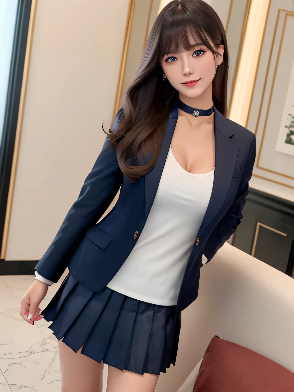 Product quality, One girl per photo, Full body portrait, Front view, Young and pretty girl in Japan, Long Bob Hair, ((Standing with a smile in the reception room, Dark blue business jacket, Pleated mini skirt)), Super cute face, Glossy Lips, Double eyelids on both eyes, Natural Makeup, (shiny smooth light brown hair of long hair), Asymmetrical bangs, High resolution, Attention to detail, Detailed hairstyle, Detailed face, Cinema Lighting, Octane Rendering, Ultra-realistic, Perfect limbs, Perfect ???????, ((Black choker)), Blue Eyes, ?????????????, Very long and abundant eyelashes, Marble room, Luxury sofa, Luxurious vases