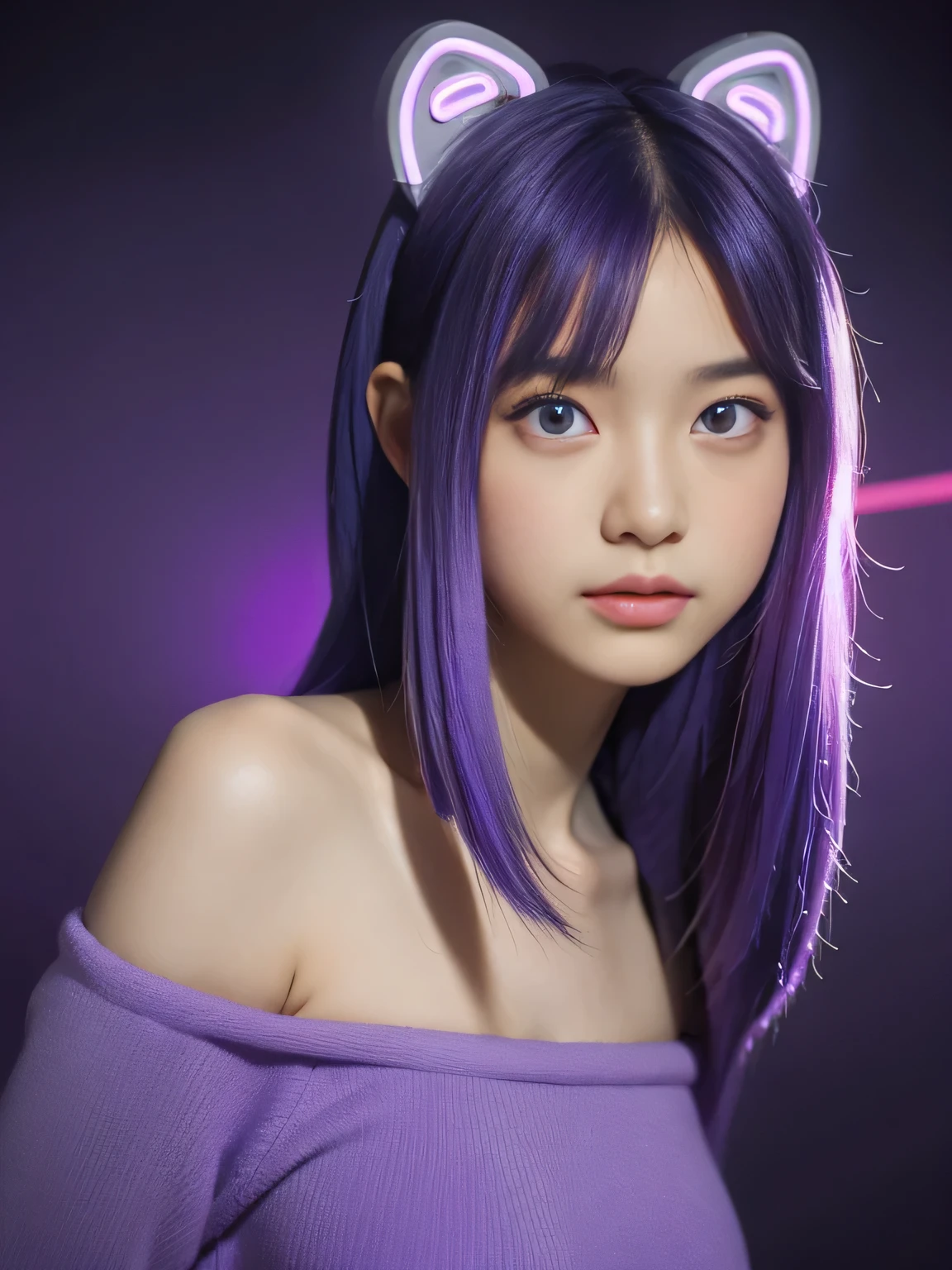,, junior high school girl, (huge breasts:1.4)、(Neon Purple Theme:1.2), masterpiece, highest quality, 4K, (Realistic), Bokeh, Awareness-raising,(1 perfect portrait of a girl), (A fascinating eye for perfect detail:1.2), Colorful Hair, (Gradient Hair), (Neon purple soft hair:1.6), (Cat ear:1.2), Fantasy Background, (Exposed bare shoulders), (Long-term alienation sleeve), (Lean forward slightly), Tilt your head, (Cinema Lighting:1.2), Larger clothes, (Seductive pose:1.4), (Neon Purple Background:1.6), beautiful purple eyes, close,(((Shortcuts:1.3)))