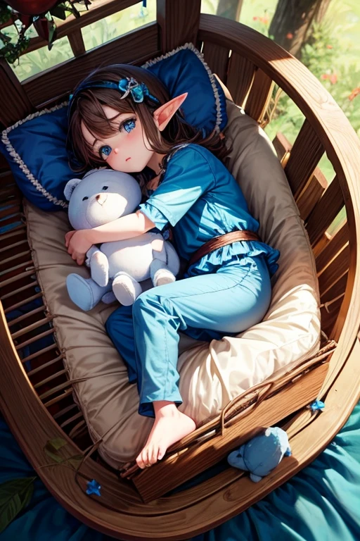 Elf baby, newborn, messy brown hair with blue eyes, blue medieval clothes, light blue pants, blue t-shirt holding a stuffed animal, light blue baby booties in a crib, magical forest background in a wooden crib