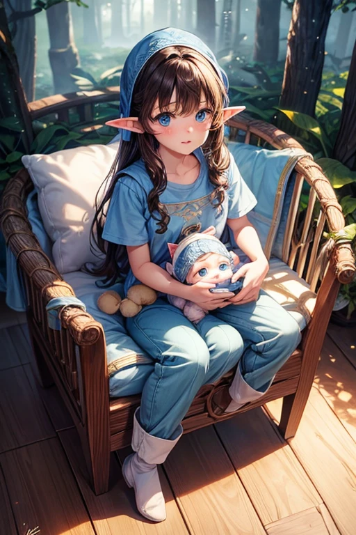 Elf baby, newborn, messy brown hair with blue eyes, blue medieval clothes, light blue pants, blue t-shirt holding a stuffed animal, light blue baby booties in a crib, magical forest background in a wooden crib