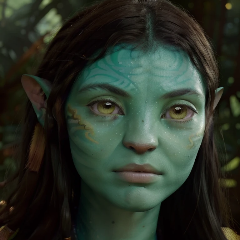 avatar style, (face portrait:1.6), naavi, 1girl, female, (yellow eyes), (big eyes), ((eyebrowless)), pointy ears, (forest green skin tone:1.0), (wavy hair:1.0), black hair color, ((long hair)), (()), (young adult), 18 years old, face wrinkles, wearing colorful tribal clothing, (wearing tribal acessories), detailed eyes, toned body, muscled body, vibrant colors, glowing, ethereal atmosphere, surrealistic dreamy lighting, textured skin, otherworldly beauty, mesmerizing photography, (best quality, highres), vivid colors, ultrarealistic, skin details, striped skin, sfw, face close-up:0.5, ultradetailed body, ((green skin)), Brazilian Native, mgth