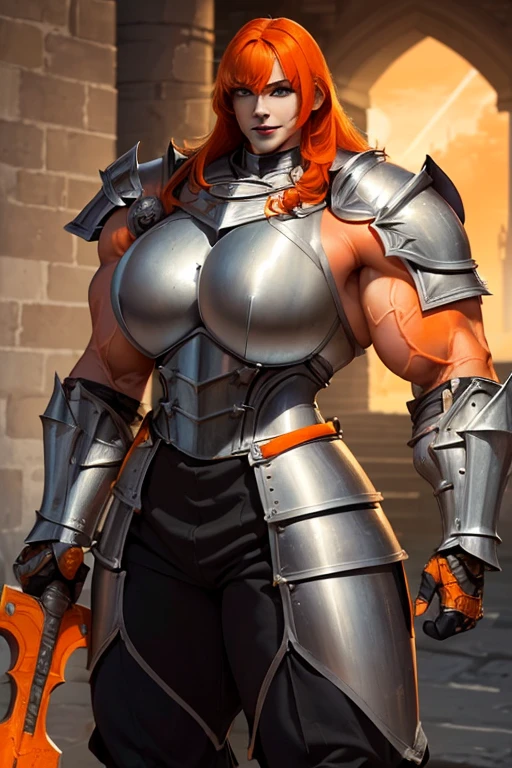 ((((Massive, tall, beautiful, buff, pale white skinned muscular female knight with orange hair, black lipstick, ginormous bulky muscles, holding a giant hammer and wearing an all orange gleaming knight armor with hauberk and pants)))), (close view), black eyeliner, massive muscles, massive biceps, hyper muscle triceps, (shaggy long hair), green eyes, knight boots, In a castle, hauberk, steel knight armor, armor breastplate, nighttime, confident smile, (hyper muscles arms), hyper muscle legs, (ginormous arms))