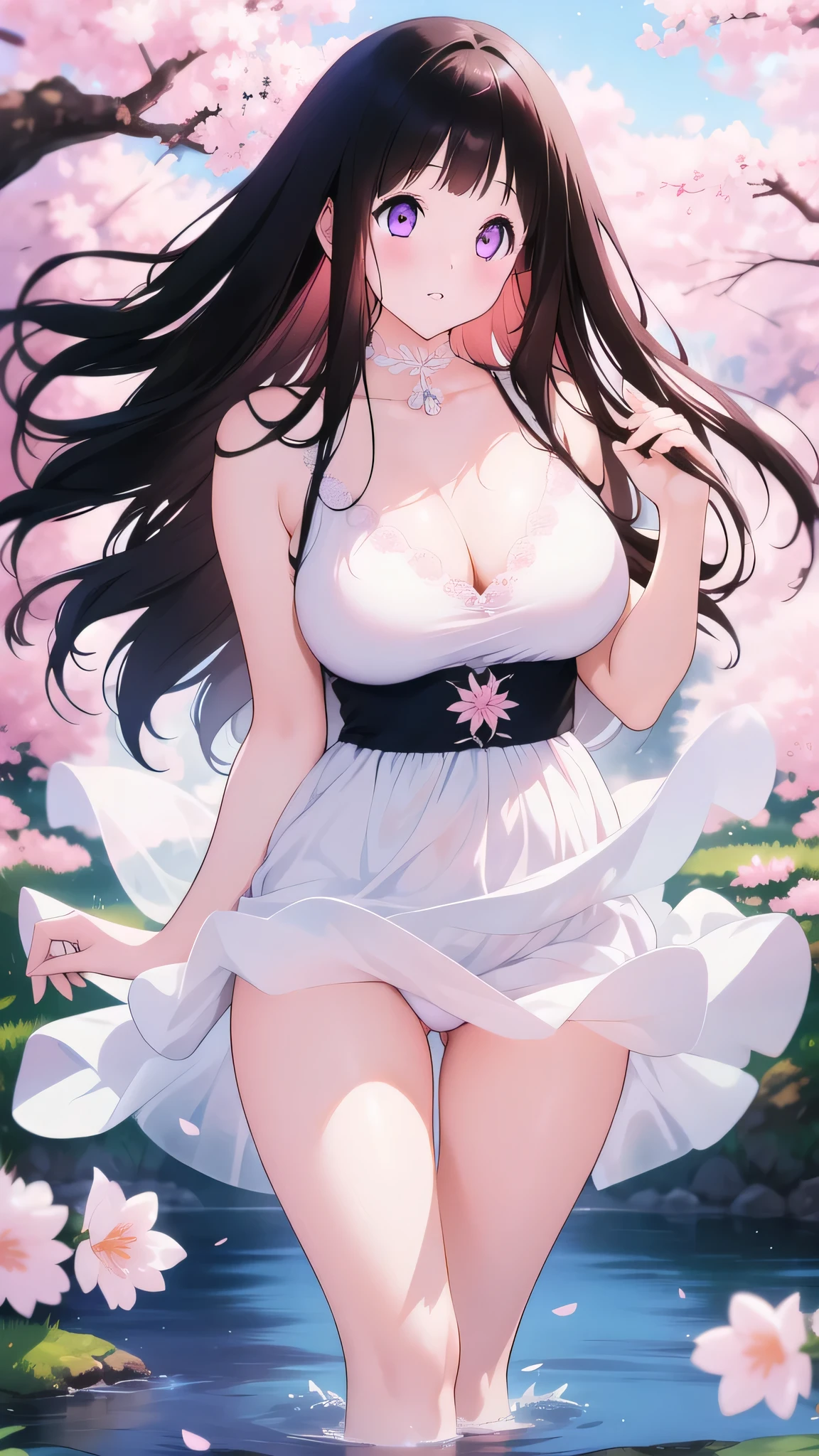 Amazing Chitanda, There is only one beautiful girl,Purple Eyes, Black Hair, Very red face,Very white skin,Glowing skin,Skin as delicate as porcelain,Naturally straight hair, Straight bangs,Extremely refined,Open lips,Long flowing hair,Beautiful Girl, Like a dream,Slim,Slim waist,Soft, (Sensual), (Kawaii), Dream quality,Beautiful big breasts,Half of the areola is exposed,Pink on the chest,There are no shoulder straps,White tulle dress,Transparent skirt,The clothes are completely transparent,The clothes are completely soaked,Deep V neckline,Loose neckline,By the River,Lean on,Wind blows up skirt,Hands lift skirt,Flying Butterflies,Fluid on the breast,Cherry blossoms,No clothing around the neck and shoulders,Show your shoulders,Showing breasts,Show your buttocks,Show your thighs,Showing collarbone,Show your neck,Exposing the groin,No pants,extremely shy,Ultra-high resolution, (masterpiece:1.2, best quality), (Delicate and beautiful eyes: 1.2), (Beautiful and delicate face)