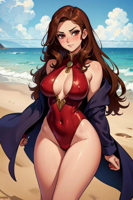 A brown haired woman with red eyes with an hourglass figure in a cute one piece suit is blushing at the beach