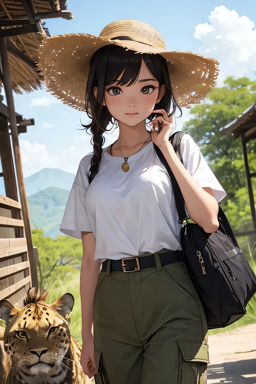 highest quality、High resolution、Detailed Background、(Beautiful face in every detail:1.4)、Anatomically correct、(Draw the usual number of fingers:1.2)、(Detailed facial expressions)、(Detailed eyes:1.2)、(Detailed eyes:1.2)、Beautiful, smooth skin、Teenage beauty、(Highly detailed face:1.4)、cute hair color、Bobcut、ponytail、Braided long hair、Wavy Hairstyle、well-groomed eyebrows、Perfect body line、Wildlife Safari、Spectacular natural scenery、Excited、Cowboy Shot、

(A beautiful girl experiences rare encounters with wildlife and the beauty of nature:1.5)、

Land tours take you to wildlife habitats and sanctuaries in vehicles such as jeeps and trucks.、From large animals to small birds々You can see a variety of wildlife、Lion、elephant、giraffe、Leopard、Hippopotamuonkey、birds、Reptiles, etc.、
You can also enjoy wildlife photography.、Wildlife behavior and appearance varies depending on the time of day and season.、Serengeti National Park in Africa、

A lightweight shirt dress is perfect for hot weather.、Wear comfortable sandals on your feet.、Accentuate with hats and sunglasses、
We recommend shorts and a light blouse.、It is a good idea to choose shorts that are easy to move in and a long-sleeved blouse that will also protect your arms and neck from the sun.、Wear comfortable sneakers on your feet.、
Cargo pants are a functional and stylish choice、Cargo pants have many pockets to store your essentials.、Pair it with a T-shirt for a casual look、Pair it with boots for an outdoor look、cute