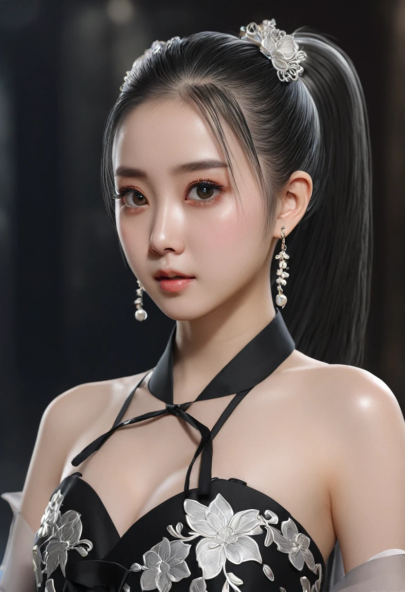 （Best quality，masterpiece：1.2），Ultra-high resolution，Realistically，forward lighting，Intricate details，Exquisite details and textures，（1 girl），solo，Upper part of the body，Black Hanfu，Petal pattern，好漂亮的big eyes，Beautiful face，For the audience，ribbon，gossamer，（young），Facial highlights，Detail production，Tear mole，Fair skin，Silver hair，High Ponytail，Looking at the audience，big eyes，（hollow pattern），earrings，Slim figure，The background is random，The right hand，Professional lighting，Photon Mapping，Wireless City，Physically Based Rendering