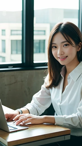 The image is、It is rendered in ultra-high resolution of 8K.。In a well-lit office、A young woman who has just started working as a new member of society is sitting at her desk。She is wearing modern business attire.、Smiling confidently at the computer screen。On the desk, documents and stationery are neatly arranged.、I can feel her passion for her work。From the office window、Bright light pours in、It conveys a comfortable working environment。