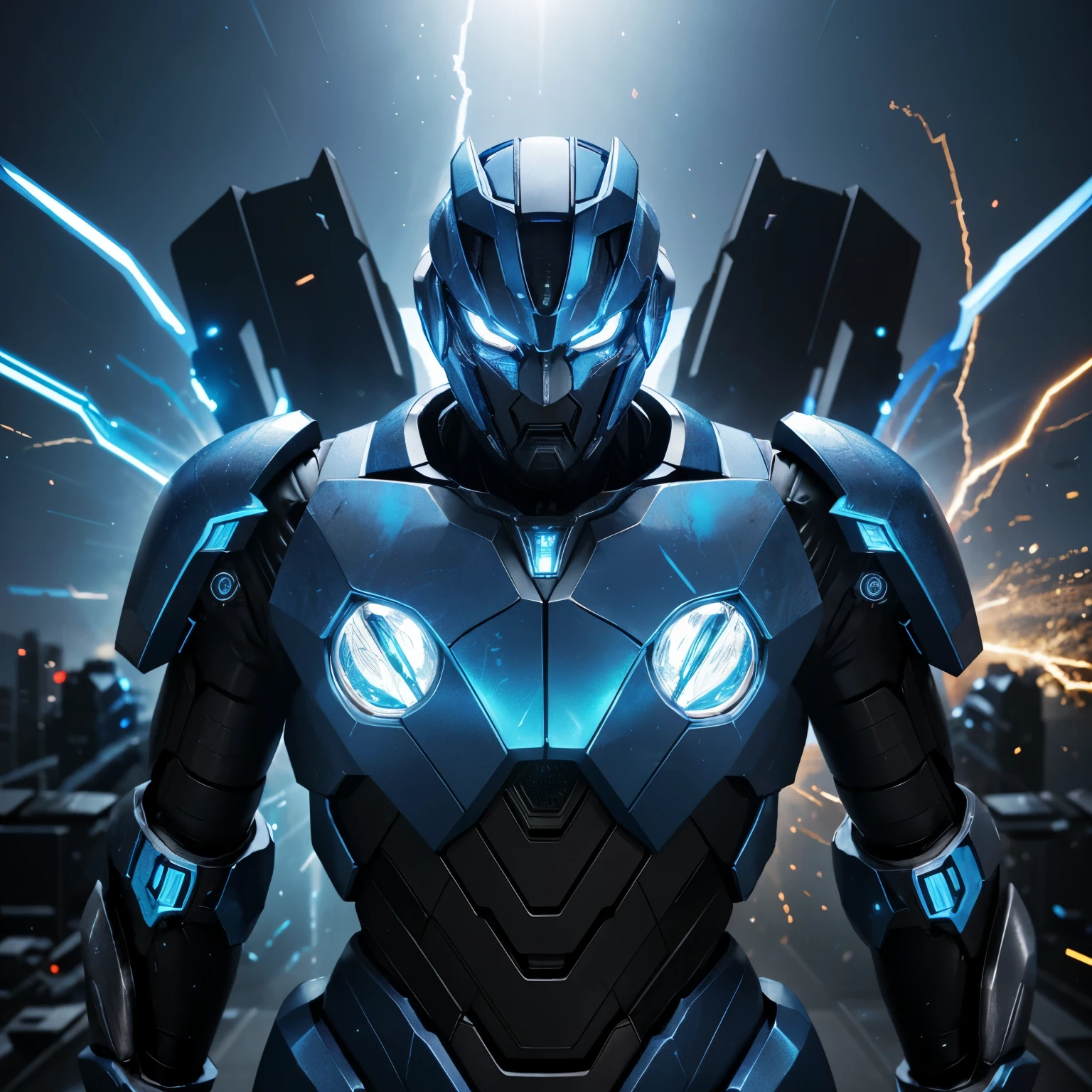 Transformers prime arcce: detailed vibrant blue eyes, shiny metallic body, intricate mechanical parts, dynamic fighting pose, glowing energy effects, intense battle atmosphere, electric sparks, dramatic lighting, high-quality rendering, realistic textures, sci-fi style, Transformers universe, futuristic setting, powerful robots, explosive energy clashes, bold and contrasting colors, cinematic composition
