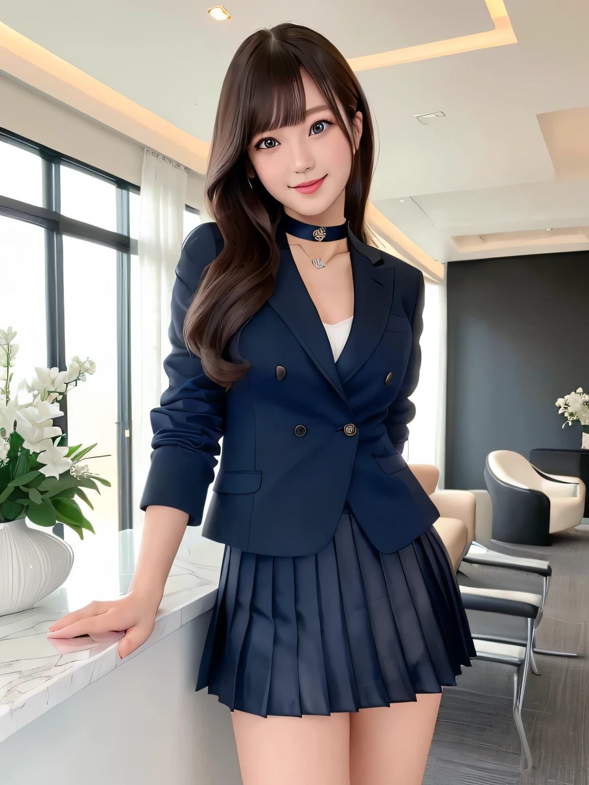 Product quality, One girl per photo, Full body portrait, Front view, Cute young Japanese girl, Long Bob Hair, ((Standing with a smile in the reception room, Dark blue business jacket, Pleated mini skirt)), Super cute face, Glossy Lips, Double eyelids on both eyes, Natural Makeup, (shiny smooth light brown hair of long hair), Asymmetrical bangs, High resolution, Attention to detail, Detailed hairstyle, Detailed face, Cinema Lighting, Octane Rendering, Ultra-realistic, Perfect limbs, Perfect Anatomy, ((Black choker)), Blue Eyes, Large Breasts, Very long and abundant eyelashes, Marble room, Luxury sofa, Luxurious vases, Grinning broadly at the camera, Looks happy, looks happy