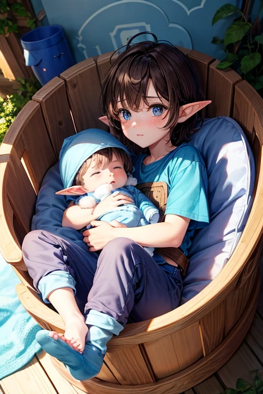 Male elf baby, newborn, messy brown hair with blue eyes, ropa medieval azul, pantalones azul claro, camiseta azul sosteniendo un animal de peluche, light blue baby booties in a crib, magical forest background in a wooden crib