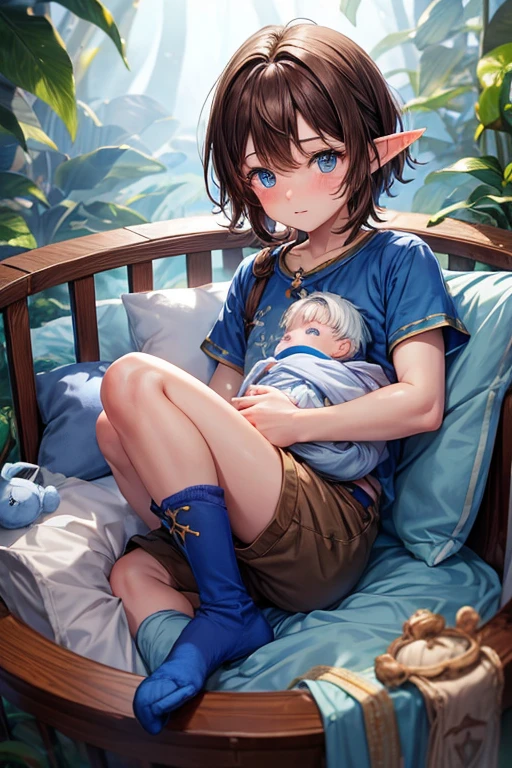 Male elf , newbssy brown hair with blue eyes, ropa medieval azul, pantalones azul claro, camiseta azul sosteniendo un animal de peluche, light blue baby booties in a crib, magical forest background in a wooden crib