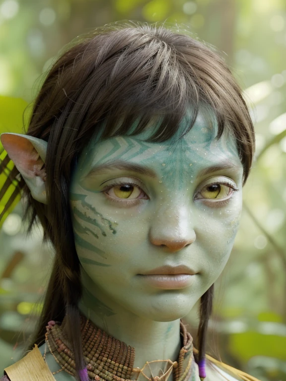 avatar style, (face portrait:1.6), naavi, 1girl, female, (yellow eyes), (big eyes), ((eyebrowless)), pointy ears, (forest green skin tone:1.0), (straight hair:1.0), black hair color, ((short messy hair)), ((pixie cut)), (young adult), 18 years old, face wrinkles, wearing colorful tribal clothing, (wearing tribal acessories), detailed eyes, toned body, muscled body, vibrant colors, glowing, ethereal atmosphere, surrealistic dreamy lighting, textured skin, otherworldly beauty, mesmerizing photography, (best quality, highres), vivid colors, ultrarealistic, skin details, striped skin, sfw, face close-up:0.5, ultradetailed body, ((green skin)), Brazilian Native, mgth