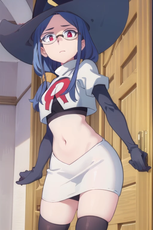 (((pixel-perfect, detail-perfect))), solo, 1girl, ursula callistis, witch, looking at viewer, glasses, team rocket,team rocket uniform,white skirt,red letter R,crop top,black thigh-highs,black elbow gloves, witch hat
