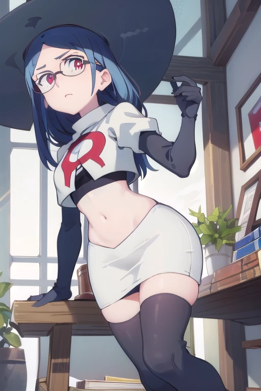 (((pixel-perfect, detail-perfect))), solo, 1girl, ursula callistis, witch, looking at viewer, glasses, team rocket,team rocket uniform,white skirt,red letter R,crop top,black thigh-highs,black elbow gloves, witch hat