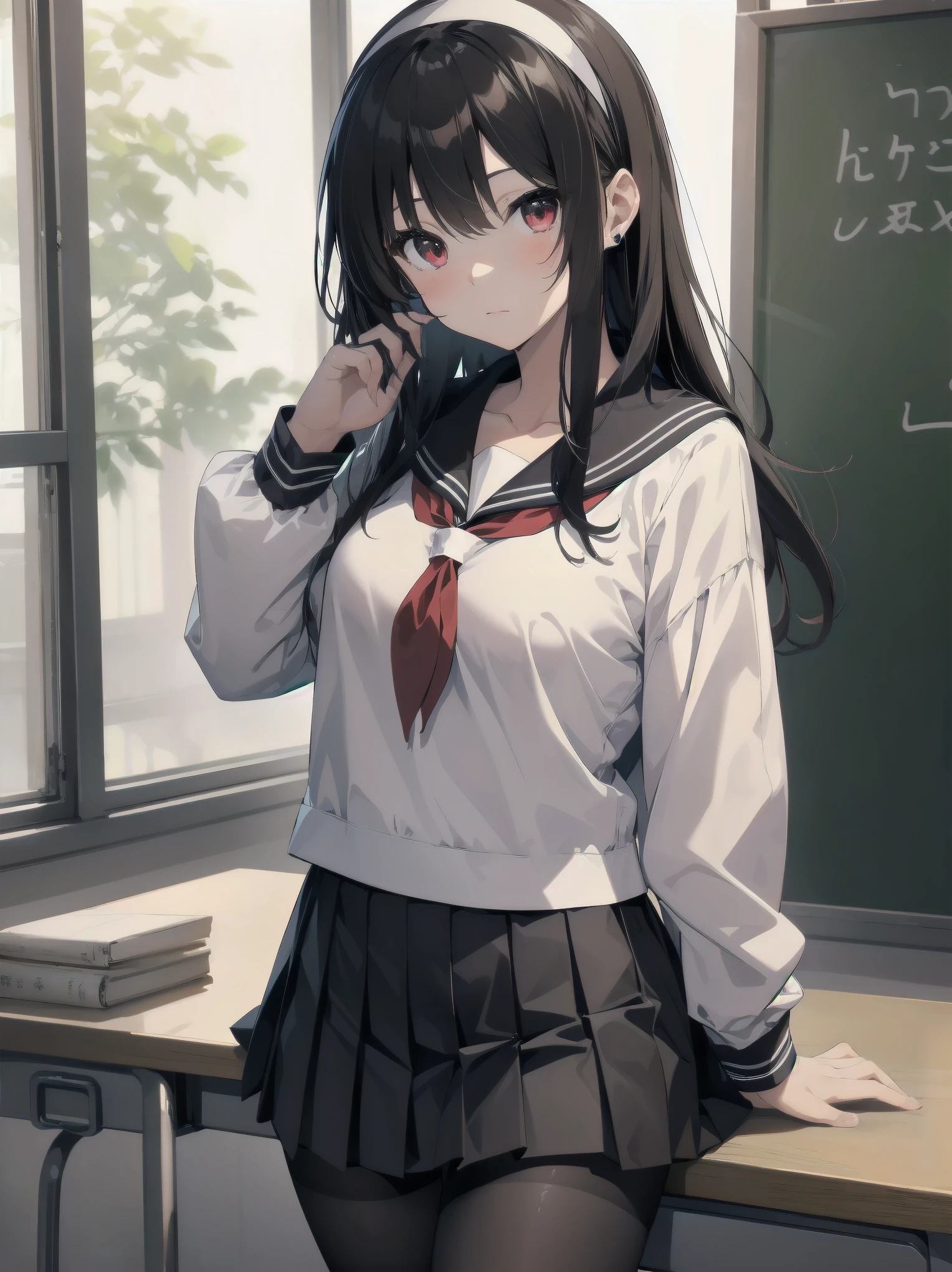 an anime girl standing in an empty room with a phone to her ear, 1girl, solo, , pantyhose, skirt, indoors, hairband, long hair, kasumigaoka utaha, looking at viewer, black hair, red eyes, breasts, blush, pleated skirt, black pantyhose, classroom, white hairband, long sleeves, bangs, neckerchief, closed mouth, desk, sailor collar, serafuku
