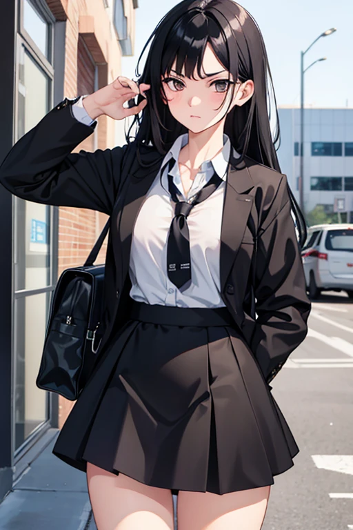 at school, girl, front, Long black hair, Black short skirt, bag, anger, Abusive, Very detailed, 4K