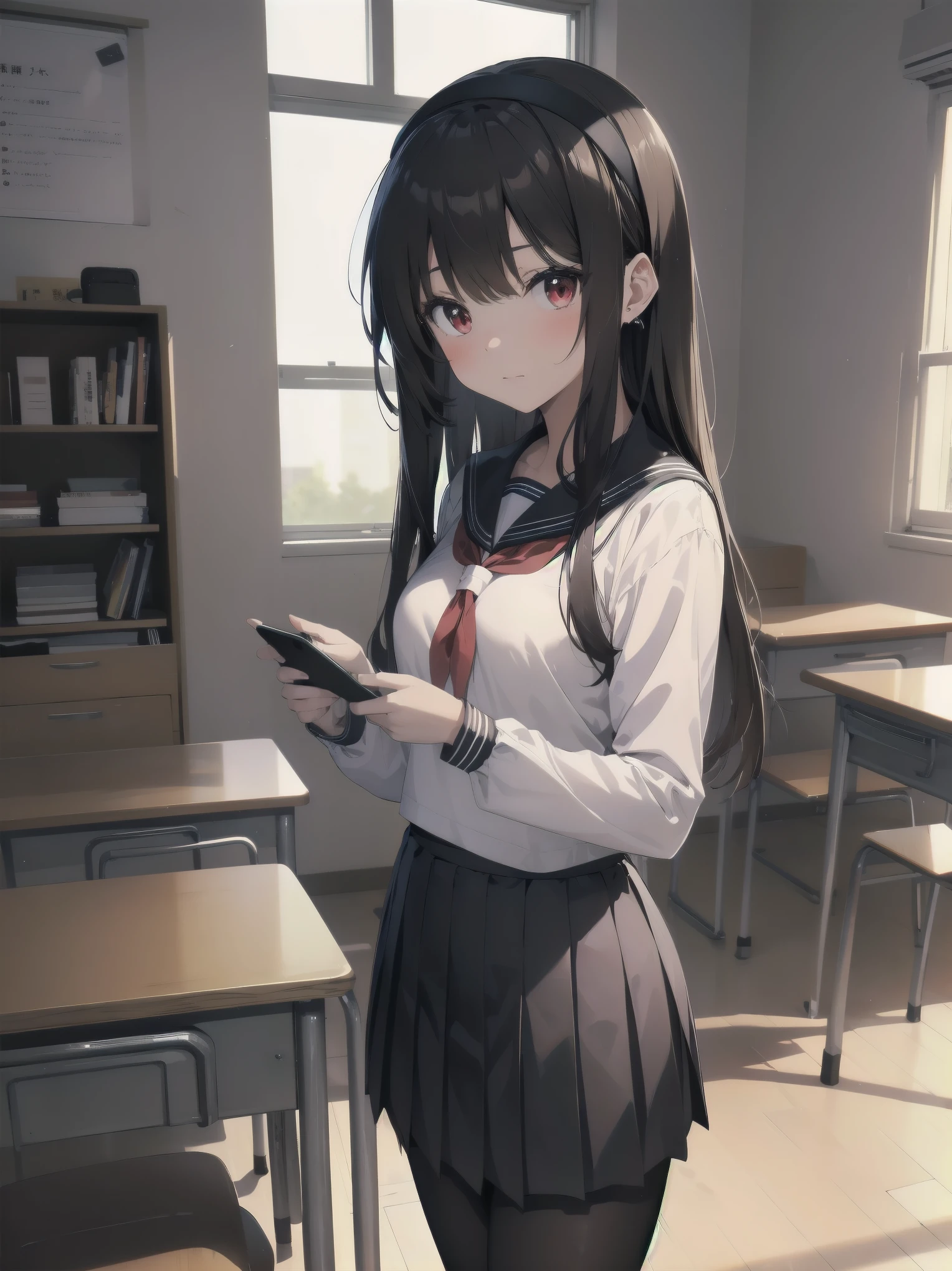an anime girl standing in an empty room with a phone to her ear, 1girl, solo, , pantyhose, skirt, indoors, hairband, long hair, kasumigaoka utaha, looking at viewer, black hair, red eyes, breasts, blush, pleated skirt, black pantyhose, classroom, white hairband, long sleeves, bangs, neckerchief, closed mouth, desk, sailor collar, serafuku