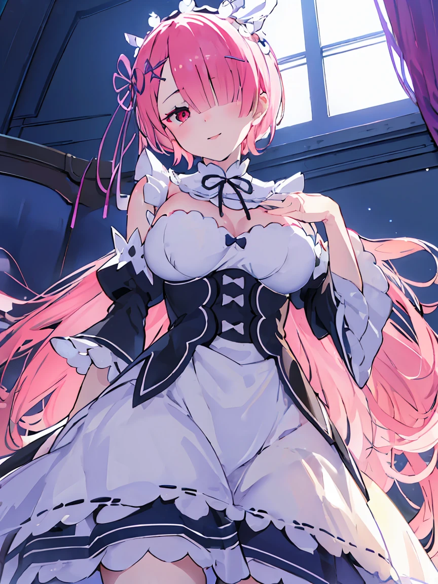 NSFW, masterpiece, best quality, (colorful), (delicate eyes and face), volumetric light, ray tracing, extremely detailed CG unity 8k wallpaper, ramchi, hair over one eye, maid, nude, big breasts, purple ribbon, maid headdress, detached sleeves, looking at viewer, cowboy shot, smile, happy, sitting, from below, captivating pose