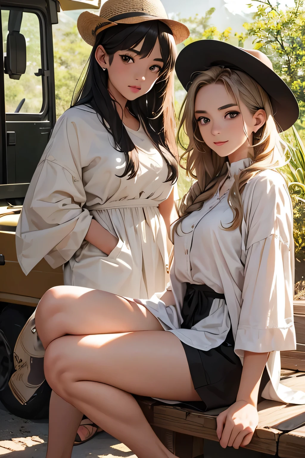 highest quality、High resolution、Detailed Background、(Beautiful face in every detail:1.4)、Anatomically correct、(Draw the usual number of fingers:1.2)、(Detailed facial expressions)、(Detailed eyes:1.2)、(Detailed eyes:1.2)、Teenage beauty、(Highly detailed face:1.4)、Bobcut、ponytail、Braided long hair、Wavy Hairstyle、well-groomed eyebrows、Perfect body line、Wildlife Safari、Spectacular natural scenery、Excited、A fun atmosphere、A big smile、Show upper body、
(Two beautiful girls photographed with wild animals in the background:1.5)、
Land tours take you to wildlife habitats and sanctuaries in vehicles such as jeeps and trucks.、From large animals to small birds々You can see a variety of wildlife、Lion、elephant、giraffe、Leopard、Hippopotamuonkey、birds、Reptiles, etc.、Serengeti National Park、Masai Mara National Reserve、Kruger National Park、Rocky Mountains、
A lightweight shirt dress is perfect for hot weather.、Wear comfortable sandals on your feet.、Accentuate with hats and sunglasses、We recommend shorts and a light blouse.、It is a good idea to choose shorts that are easy to move in and a long-sleeved blouse that will also protect your arms and neck from the sun.、Wear comfortable sneakers on your feet.