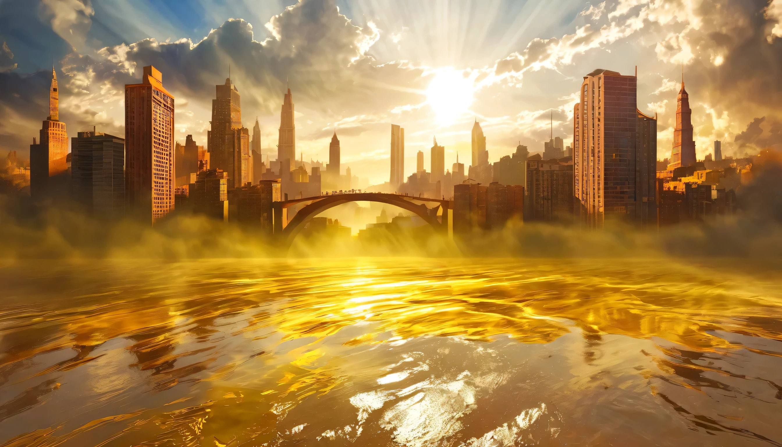 Surreal digital artwork of a mysterious cityscape rising into the sky, The clouds dispersed，The bright sun, Tyndall effect，Sunlight，The Yellow River flows on the ground