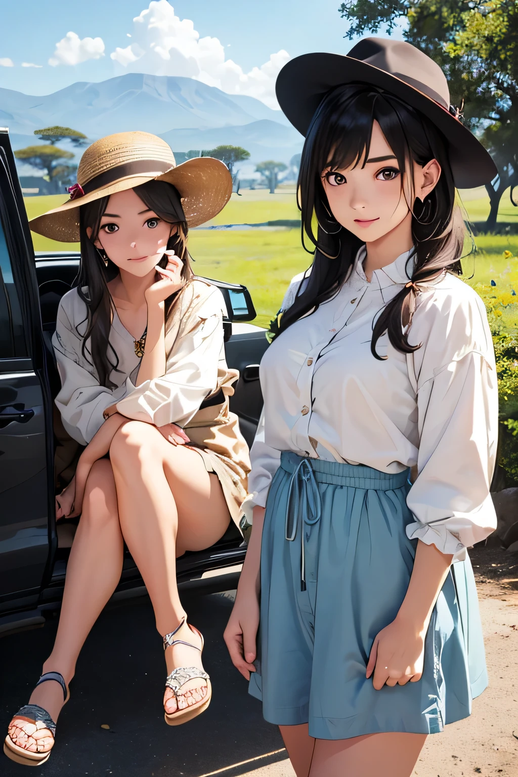 highest quality、High resolution、Detailed Background、(Beautiful face in every detail:1.4)、Anatomically correct、(Draw the usual number of fingers:1.2)、(Detailed facial expressions)、(Detailed eyes:1.2)、(Detailed eyes:1.2)、Teenage beauty、(Highly detailed face:1.4)、Bobcut、ponytail、Braided long hair、Wavy Hairstyle、well-groomed eyebrows、Perfect body line、Wildlife Safari、Spectacular natural scenery、Excited、A fun atmosphere、A big smile、Show upper body、
(Two beautiful girls photographed with wild animals in the background:1.5)、
Land tours take you to wildlife habitats and sanctuaries in vehicles such as jeeps and trucks.、From large animals to small birds々You can see a variety of wildlife、Lion、elephant、giraffe、Leopard、Hippopotamuonkey、birds、Reptiles, etc.、Serengeti National Park、Masai Mara National Reserve、Kruger National Park、Rocky Mountains、
A lightweight shirt dress is perfect for hot weather.、Wear comfortable sandals on your feet.、Accentuate with hats and sunglasses、We recommend shorts and a light blouse.、It is a good idea to choose shorts that are easy to move in and a long-sleeved blouse that will also protect your arms and neck from the sun.、Wear comfortable sneakers on your feet.