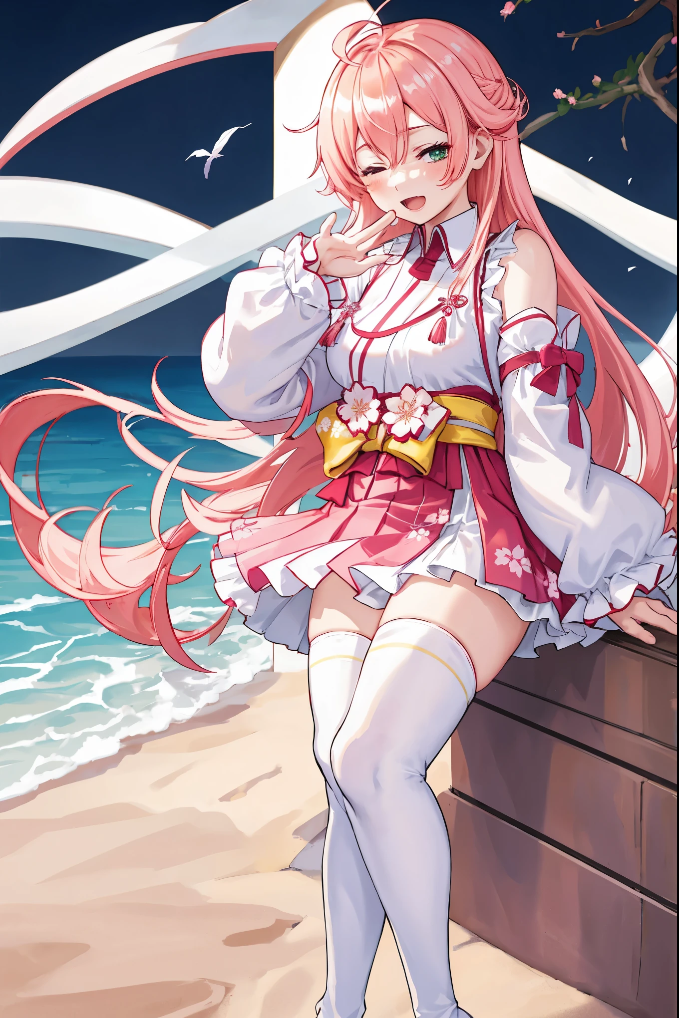 masterpiece, best quality, highres, sakura_miko, 1girl, (:1.3),medium_breasts, kimono, solo, ahoge, x_hair_ornament, pink_hair, floral print, hairclip,(side_less_clothes:1.3), (side_breasts:1.3), hair_bell, floral print, long_hair, hair between eyes, one side up, white_thighhighs, wide sleeves, open_mouth,(happy:1.3),green_eyes,smile,apart_legs,(overly_long_sleeves:1.3),),sleeves_past_wrists,hands_hidden_sleeves,sidelock_clothes,solo,hidden_wrists,(XD:1.5),covered_nipples,sunlight,(bare_flank:1.3),boots,open_mouth,kimono,close_eyes,.