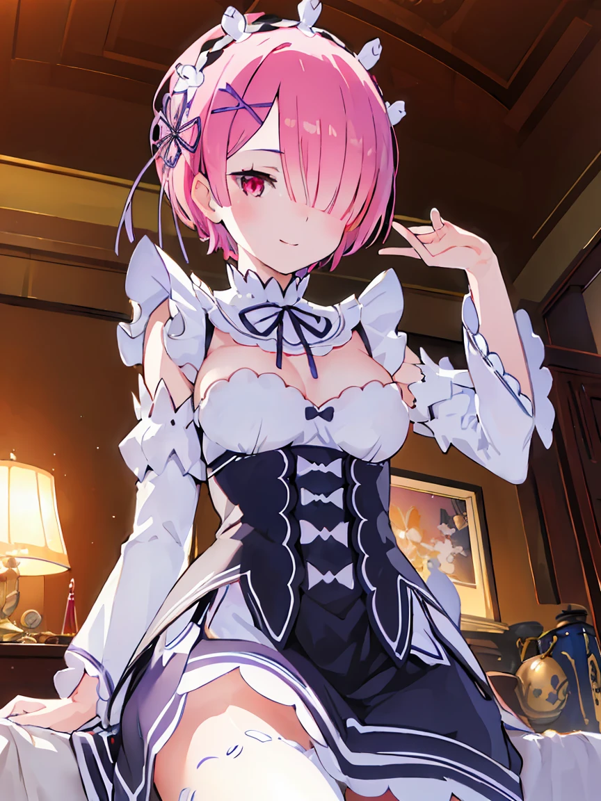 NSFW, masterpiece, best quality, (colorful), (delicate eyes and face), volumetric light, ray tracing, extremely detailed CG unity 8k wallpaper, full body, ramchi, hair over one eye, maid, nude, big breasts, purple ribbon, maid headdress, detached sleeves, looking at viewer, cowboy shot, smile, happy, sitting, from below, captivating pose