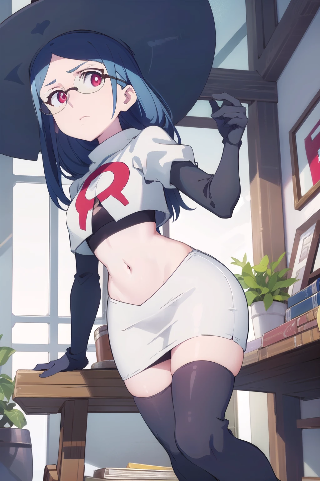 (((pixel-perfect, detail-perfect))), solo, 1girl, ursula callistis, witch, looking at viewer, glasses, team rocket,team rocket uniform,white skirt,red letter R,crop top,black thigh-highs,black elbow gloves, witch hat