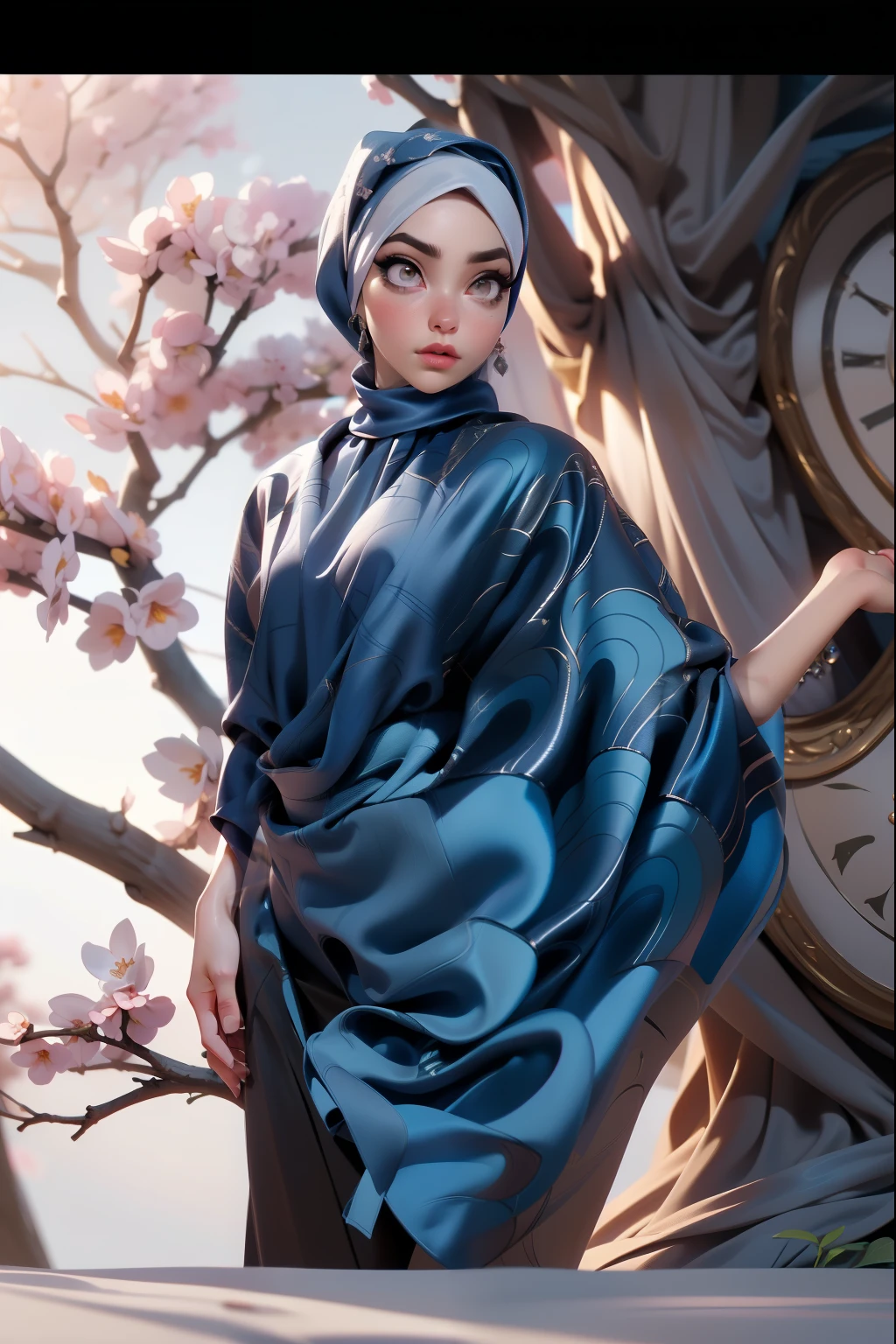3DMM, ((Masterpiece, best quality, photography, detailed skin, realistic, photo-realistic, 8k, highly detailed, full length frame, High detail RAW color art, diffused soft lighting, shallow depth of field, sharp focus, hyperrealism, cinematic lighting, hijab, a woman in a beautifully makeup, eyeshadow, beautiful big eyes, ((Brown eyes)), long eye lashes, wearing (Dark blue satin hijab), loosely tide hijab style, ((gray satin shirt)), satin long maxi skirt, dancing under tree, sakura garden