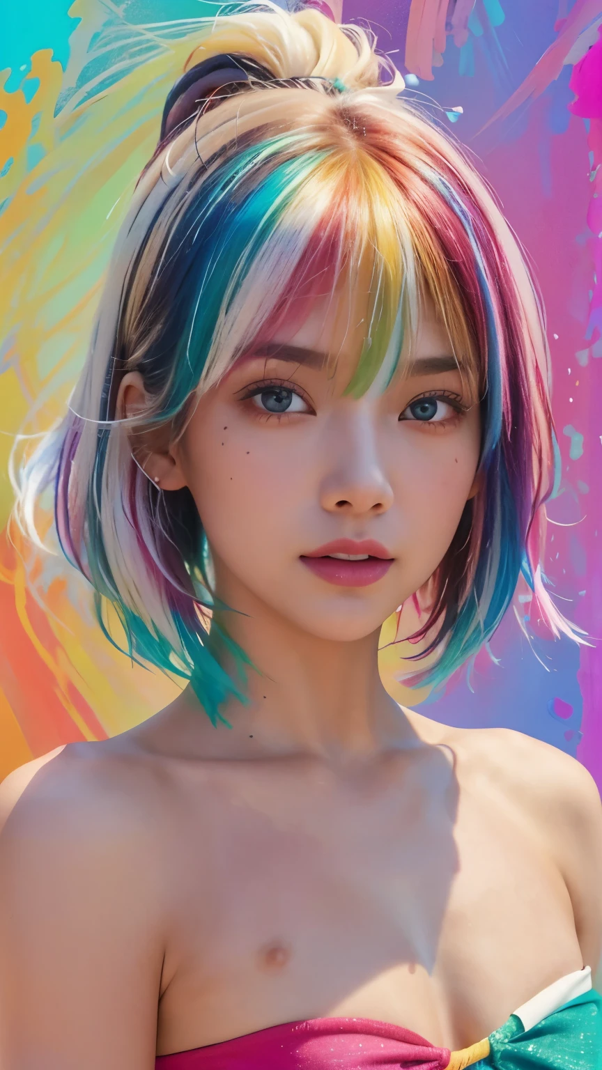 （Pink Fashion T-Shirt：1.9），（colorfulな髪：1.8），（All the colors of the rainbow：1.8），（（（（Portrait：1.6)）），（da pintura：1.6），frontage，Comic Strip,Awareness-raisingn,da pintura,Large Eyes,Crystal Clear,（Rainbow gradient high ponytail：1.7）,Delicate Makeup,Keep your mouth shut,(Small Fresh:1.5),(Bandeau:1.6),Long eyelashes,White Shoulder T-shirt, White shoulder shirt，View your viewers，Watery eye，(Rainbow Hair：1.6), カラーsplash, （alone：1.8）, カラーsplash, An explosion of colors, カラーsplash, An explosion of colors, 厚漆Wind，Messy Lines，((The Shining)) ，(colorful), (colorful), (colorful), colorful, Thick paint Style, (splash) (Color splash), Vertical painting, Upper Body, paint splash, Acrylic Pigments, Slope, paint, Best image quality, Best image quality, masterpiece, alone, Depth of written boundary, Face paint, colorful clothes, (grace: 1.2), Gorgeous, 長いWhite Hair, Wind, (grace: 1.3), (petal: 1.4)，(((masterpiece))),(((The best quality at its best))),((Super detailed)),(Awareness-raising),(Dynamic Angle),((Floating King)),(paintwork),((Hair loss)),(alone),(One girl) , (( (Detailed anima face))),((Beautifully detailed face)),first round,Exposed bare shoulders,White Hair,((hair color)),((Striped Hair)),Beautiful fine details,No cleavage，(Slope color eyes),(( （Colored eyes））），（（（Colored Background））），（（（High saturation））），（（（Surrounded by colorful splashes））），