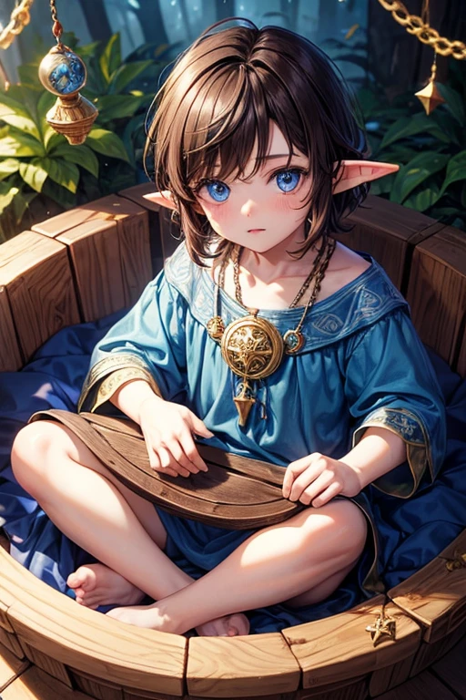 Male elf baby, newborn, messy brown hair with blue eyes, blue medieval clothes, in a wooden crib magical forest background with a medallion in his hand