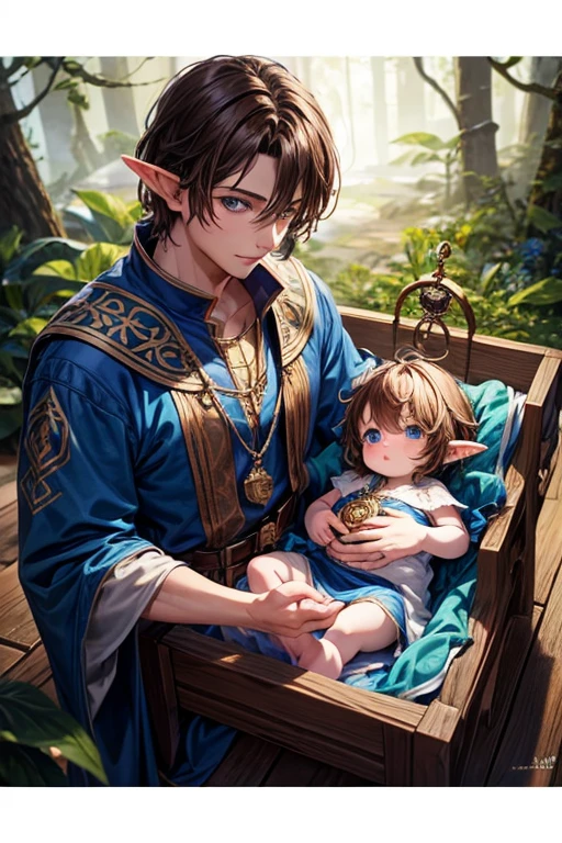 Male elf baby, newborn, messy brown hair with blue eyes, blue medieval clothes, in a wooden crib magical forest background with a medallion in his hand