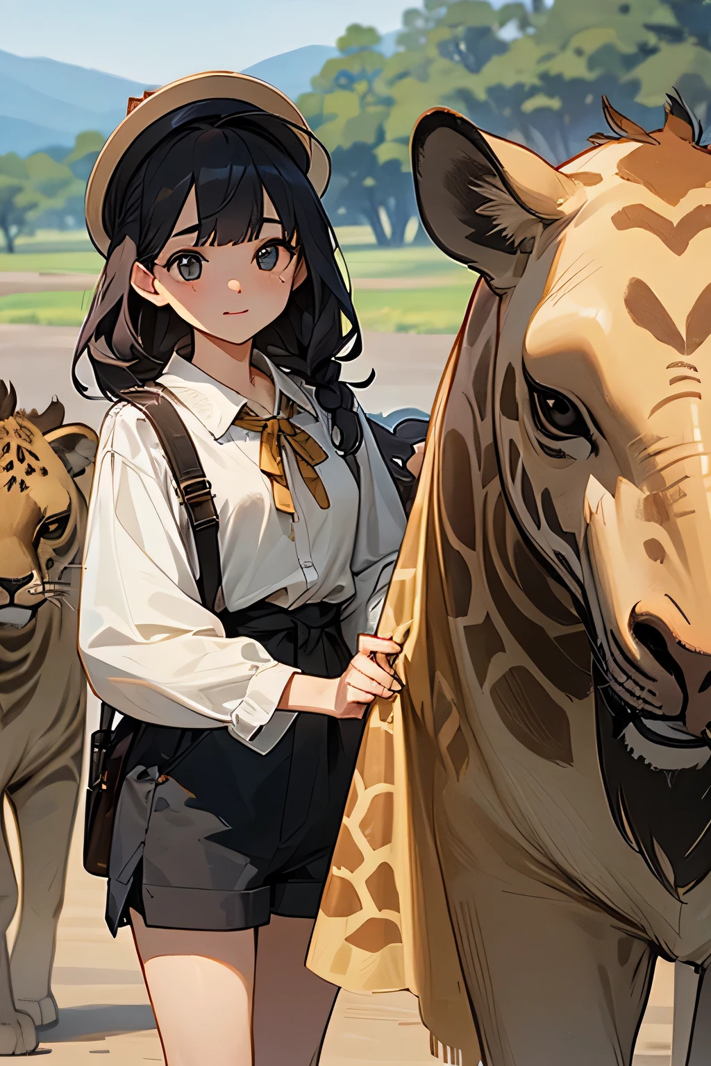 highest quality、High resolution、Detailed Background、(Beautiful face in every detail:1.4)、Anatomically correct、(Draw the usual number of fingers:1.2)、(Detailed facial expressions)、(Detailed eyes:1.2)、(Detailed eyes:1.2)、Teenage beauty、(Highly detailed face:1.4)、Bobcut、ponytail、Braided long hair、Wavy Hairstyle、well-groomed eyebrows、Perfect body line、Wildlife Safari、Spectacular natural scenery、Excited、A fun atmosphere、A big smile、Show upper body、

(Two beautiful girls photographed with wild animals in the background:1.5)、

Land tours take you to wildlife habitats and sanctuaries in vehicles such as jeeps and trucks.、From large animals to small birds々You can see a variety of wildlife、Lion、elephant、giraffe、Leopard、Hippopotamuonkey、birds、Reptiles, etc.、Serengeti National Park、Masai Mara National Reserve、Kruger National Park、Rocky Mountains、

A lightweight shirt dress is perfect for hot weather.、Wear comfortable sandals on your feet.、Accentuate with hats and sunglasses、We recommend shorts and a light blouse.、It is a good idea to choose shorts that are easy to move in and a long-sleeved blouse that will also protect your arms and neck from the sun.、Wear comfortable sneakers on your feet.