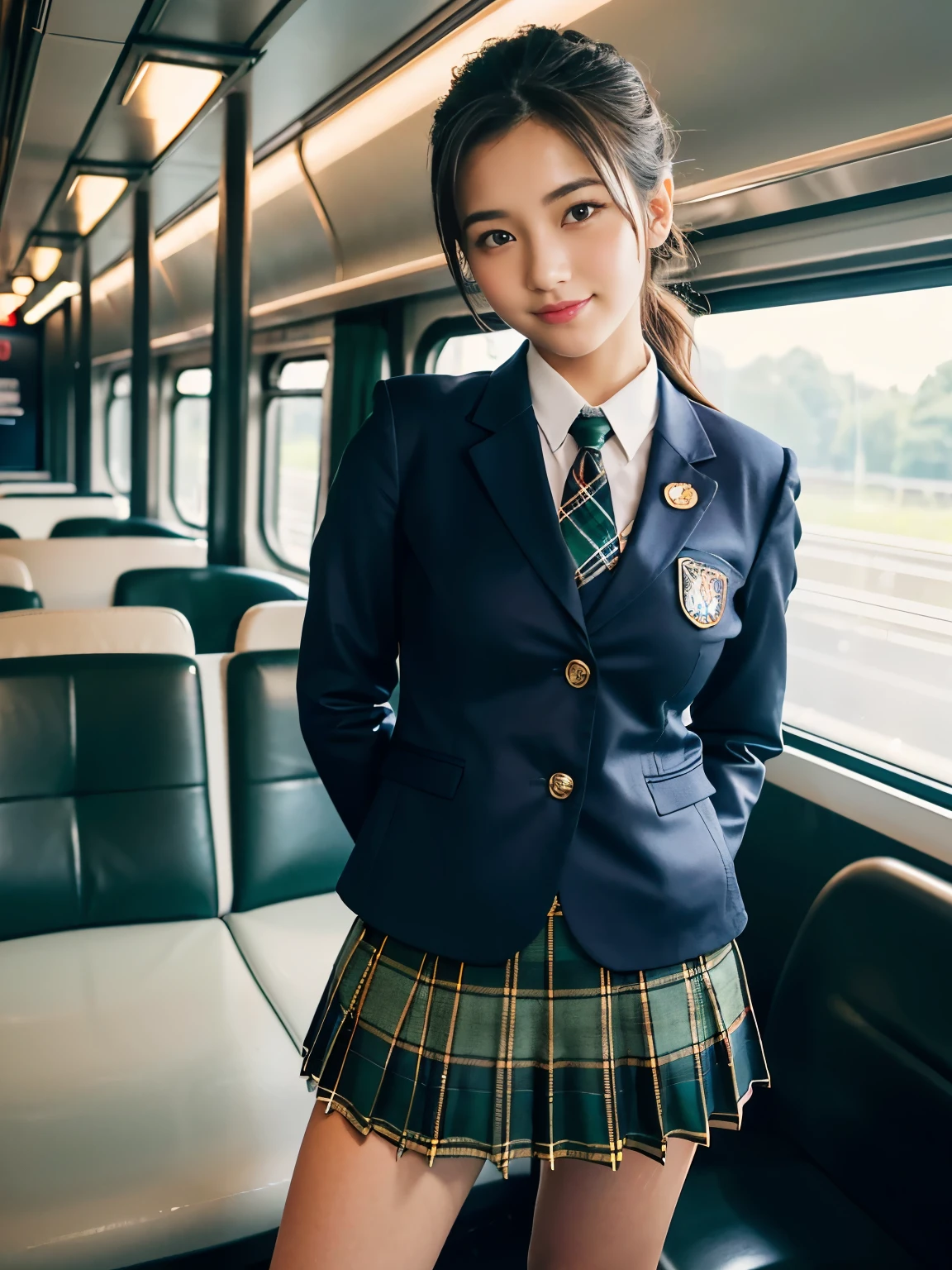 masterpiece、highest quality、High resolution、Realistic、Bright lighting、Professional Lighting、Face Light、Smooth lighting、e schrl、Cute uniformed girl、Sexy and cute look and cute 16-year-o beful g, 美しい and sexy face、(A dark blue blazer with an emblem on the left chest、White blouse、Dark green casual tie、Navy blue and dark green military tartan check mini skirt、Blackwatch tartan mini skirt、Dark blue socks、Brown leather shoes、Brown Loafers)、Brown moderate hair、so beautiful、Beautiful Skin、Beautiful and detailed、Detailed face、Brown eyes、Beautiful legs、Standing on the train、smile、Full Body Shot、E cup breasts、Ponytail
