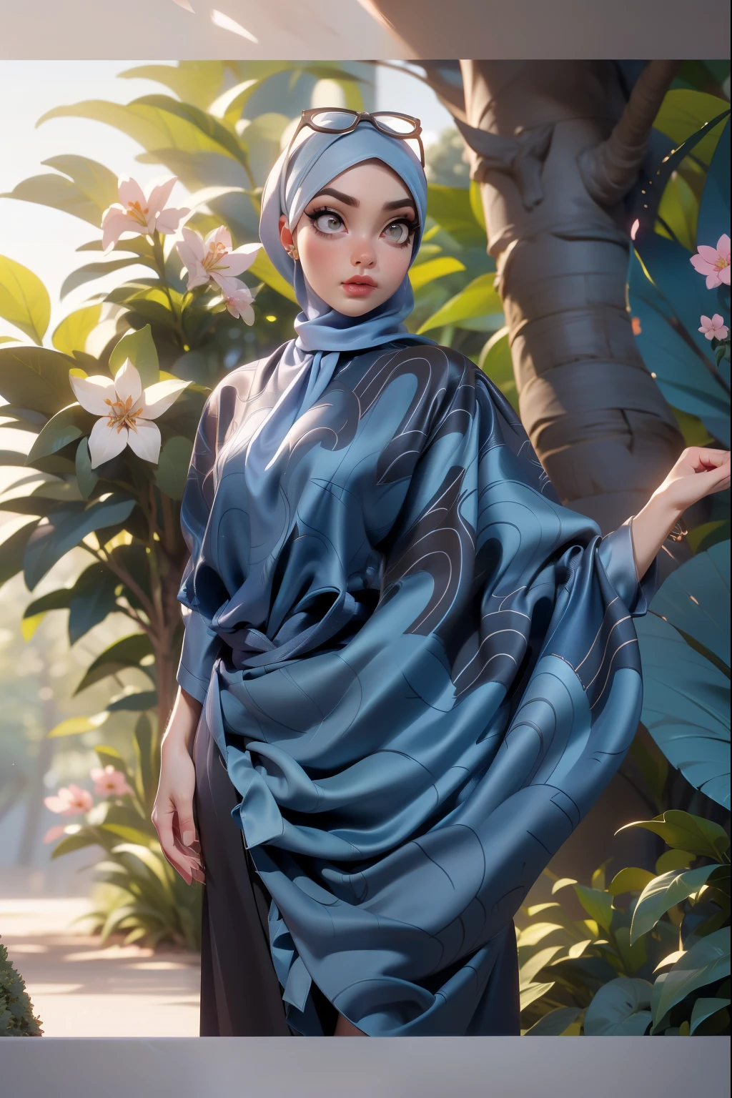 3DMM, ((Masterpiece, best quality, photography, detailed skin, realistic, photo-realistic, 8k, highly detailed, full length frame, High detail RAW color art, diffused soft lighting, shallow depth of field, sharp focus, hyperrealism, cinematic lighting, hijab, a woman in a beautifully makeup, eyeshadow, beautiful big eyes, ((Brown eyes)), long eye lashes, wearing (Dark blue satin hijab), loosely tide hijab style, ((gray satin shirt)), satin long maxi skirt, dancing under tree, sakura garden